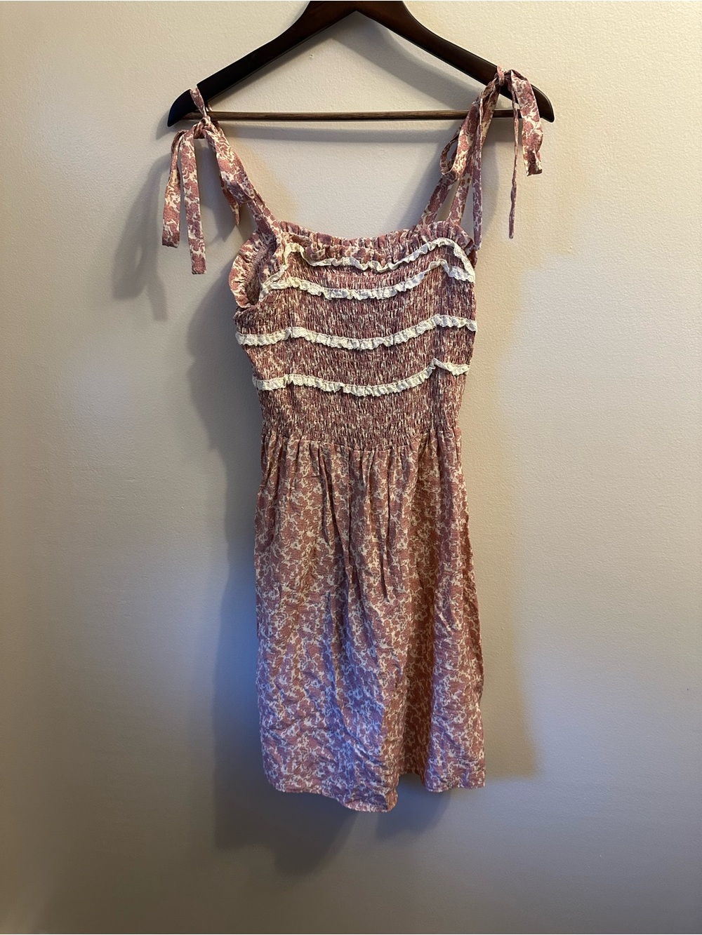 #347 Sweet Rain Dusty Rose Floral Tie-Shoulder Smocked Mini Dress